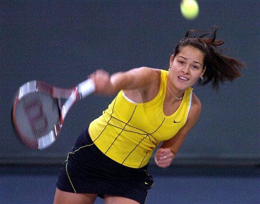 Ana Ivanovic  serves the ball to Katarina Srebotnik from Slovenia at the Zurich Open WTA tennis tournament in the Hallenstadion Stadium in Zurich, Switzerland, Friday, Oct. 21, 2005. Ivanovic won the match in two sets 6-3, 6-1