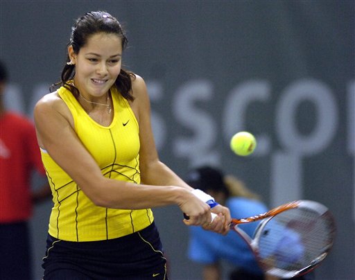 Ana Ivanovic from Serbia-Montenegro returns the ball to Jelena Jankovic from Serbia-Montenegro at the Zurich Open WTO Tournament in the Hallenstadion in Zurich, Switzerland, Thursday Oct. 20, 2005. Ivanovic won the match 6-2, 6-1. 