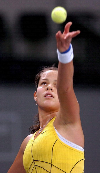 Ana Ivanovic serves to Patty Schnyder of Switzerland during their semi-final tennis match at the Zurich Open WTA tennis tournament in Zurich, October 22, 2005