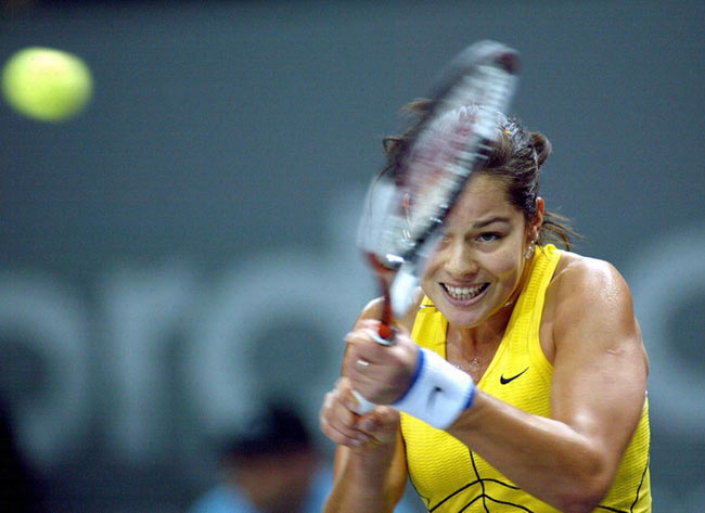 Ana Ivanovic returns a ball to Patty Schnyder of Switzerland during their semi-final tennis match at the Zurich Open WTA tennis tournament in Zurich, October 22, 2005