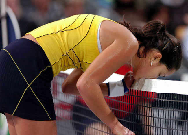 Ana Ivanovic leave-talking with court after the semi-final tennis match against Patty Schnyder of Switzerland at the Zurich Open tennis tournament in Zurich October 22, 2005. Schnyder won 6-2 6-1