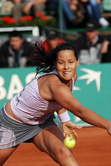 Ana Ivanovic returns the ball to Marta Domachowska from Poland during their 1st round match, 02 May 2006 in Warsaw. Ana win 6:4 7:5.