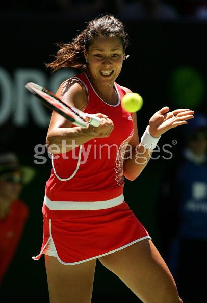 Ana Ivanovic of Serbia and Montenegro hits a forehand in her second round match against Samantha Stosur of Australia during day four of the Australian Open at Melbourne Park January 19, 2006 in Melbourne, Australia. 