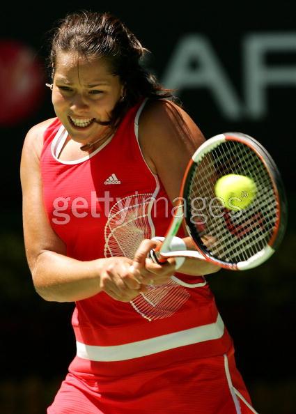 Ana Ivanovic of Serbia and Montenegro hits a backhand in her second round match against Samantha Stosur of Australia during day four of the Australian Open at Melbourne Park January 19, 2006 in Melbourne, Australia. Park January 19, 2006 in Melbourne, Australia. e Park January 19, 2006 in Melbourne, Australia. 