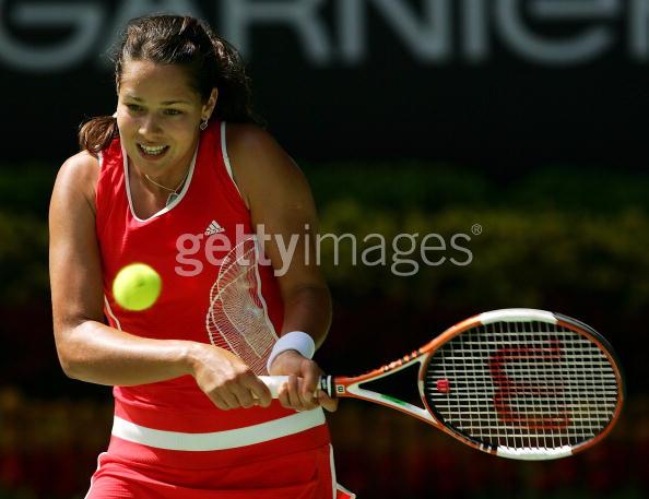 Ana Ivanovic of Serbia and Montenegro hits a forehand in her second round match against Samantha Stosur of Australia during day four of the Australian Open at Melbourne Park January 19, 2006 in Melbourne, Australia. 