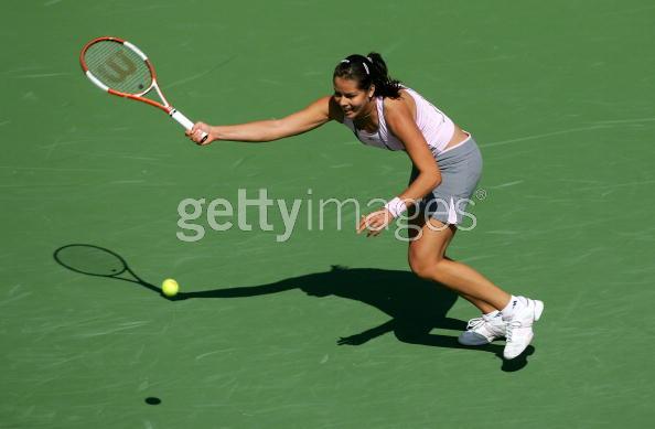 Ana Ivanovic hits a forehand against Elena Dementieva at the Pacific Life Open tennis tournament in Indian Wells, California March 16, 2006