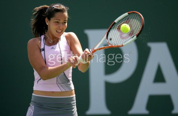 Ana Ivanovic hits a backhand to Elena Dementieva in the quarterfinals of the Pacific Life Open, part of the Sony Ericsson Tour Series, at the Indian Wells Tennis Garden on March 16, 2006 in Indian Wells, California. Dementieva won 2-6, 6-4, 6-2. 