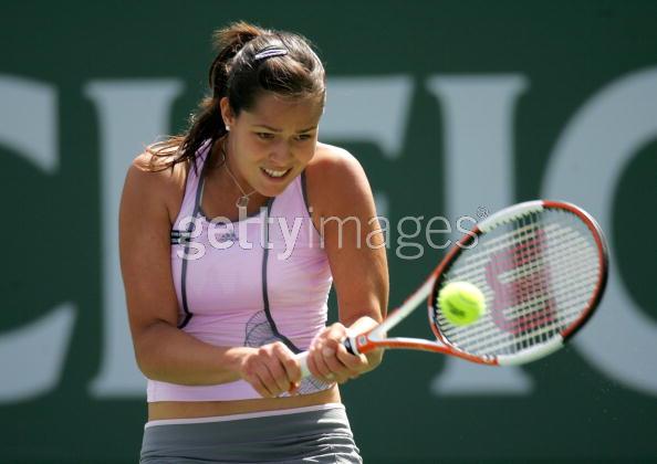 Ana Ivanovic hits a backhand to Elena Dementieva in the quarterfinals of the Pacific Life Open, part of the Sony Ericsson Tour Series, at the Indian Wells Tennis Garden on March 16, 2006 in Indian Wells, California. Dementieva won 2-6, 6-4, 6-2. 