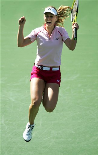 Elena Dementieva jumps to celebrate her 2-6, 6-4, 6-2 quarterfinal victory over Ana Ivanovic at the Pacific Life Tennis Open in Indian Wells, Calif. Thursday, March 16, 2006