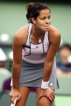 Ana Ivanovic of Serbia and Montenegro reacts during her match aganist Amelie Mauresmo of France at the Nasdaq-100 Open tennis tournament in Key Biscayne, Florida March 27, 2006