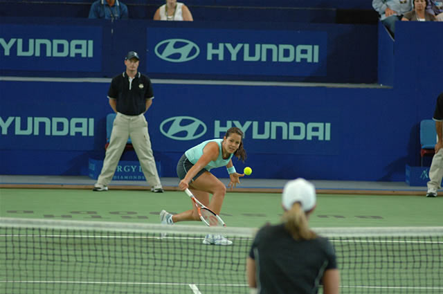 Serbia and Montenegro's Ana Ivanovic plays a shot in her women's singles match against Lisa Raymond of the U.S. during the 18th Hopman Cup in Perth, Australia January 1, 2006. Ivanovic won the match 6-2 6-4. 