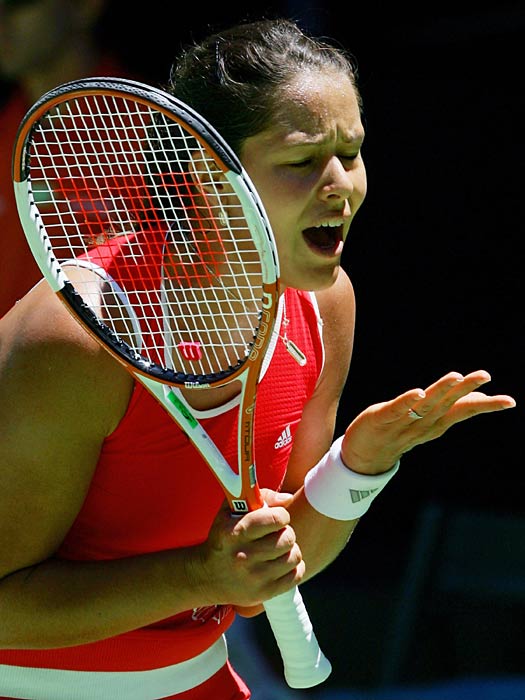 Ana Ivanovic of Serbia and Montenegro reacts as she plays a match against Samantha Strosur of Australia during the Australian Open Tennis Tournament in Melbourne, Australia, Thursday, Jan 19, 2006. Stosur won the match 6-3, 7-5. 