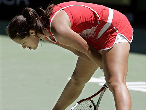 Ana Ivanovic of Serbia and Montenegro reacts as she plays a match against Samantha Strosur of Australia during the Australian Open Tennis Tournament in Melbourne, Australia, Thursday, Jan 19, 2006. Stosur won the match 6-3, 7-5. 