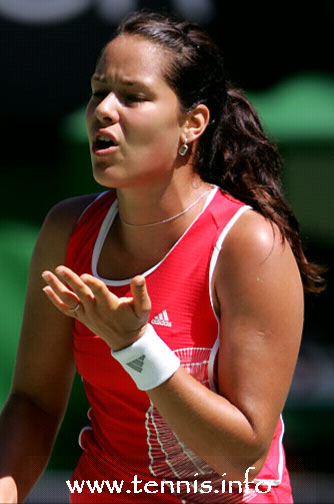 Ana Ivanovic of Serbia and Montenegro reacts as she plays a match against Samantha Strosur of Australia during the Australian Open Tennis Tournament in Melbourne, Australia, Thursday, Jan 19, 2006. Stosur won the match 6-3, 7-5. 