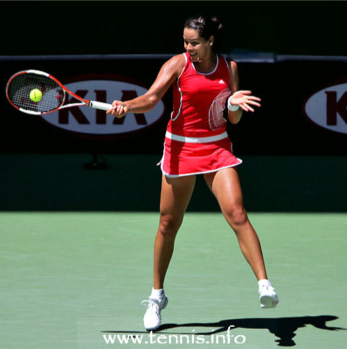 Ana Ivanovic of Serbia and Montenegro hits a forehand in her second round match against Samantha Stosur of Australia during day four of the Australian Open at Melbourne Park January 19, 2006 in Melbourne, Australia. 