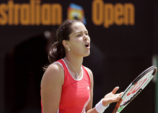 Ana Ivanovic of Serbia and Montenegro reacts in a play against Shenay Perry of USA during the Australian Open Tennis Tournament in Melbourne, Australia, Tuesday, Jan 17, 2006. Ivanovic won the match 6-4, 6-4. 