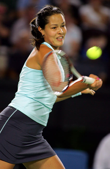 Ana Ivanovic of Serbia and Montenegro hits a forehand shot during her women's singles tennis match against Sofia Arvidsson of Sweden during the Hopman Cup in Perth, Australia January 2, 2006. Ivanovic won the match 6-3 6-1. 