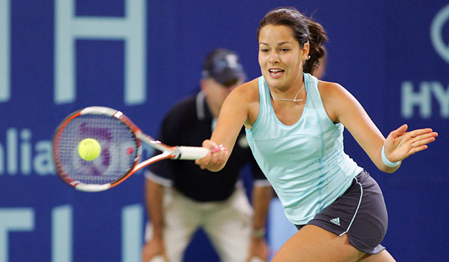 Serbia and Montenegro's Ana Ivanovic plays a shot in her women's singles match against Lisa Raymond of the U.S. during the 18th Hopman Cup in Perth, Australia January 1, 2006. Ivanovic won the match 6-2 6-4. 