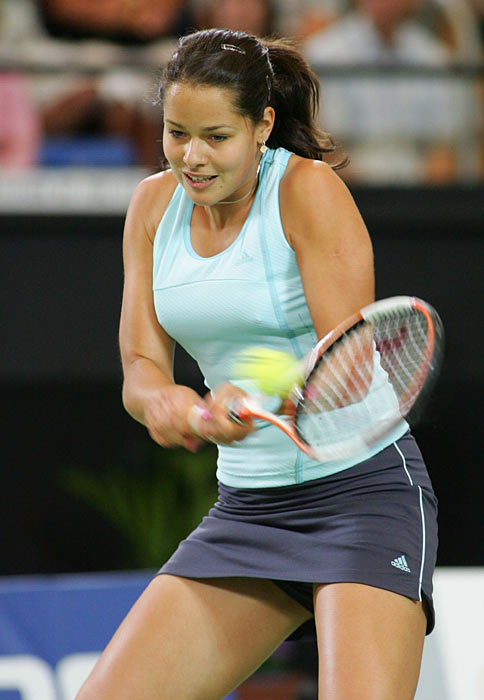 Serbia and Montenegro's Ana Ivanovic plays a backhand shot in her women's singles tennis match against Lisa Raymond of the U.S. during the 18th Hopman Cup in Perth, Australia January 1, 2006. Ivanovic won the match 6-2 6-4.