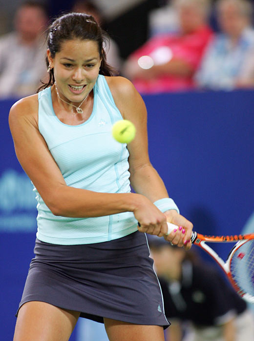 Serbia and Montenegro's Ana Ivanovic plays a backhand shot in her women's singles tennis match against Lisa Raymond of the U.S. during the 18th Hopman Cup in Perth, Australia January 1, 2006. Ivanovic won the match 6-2 6-4.