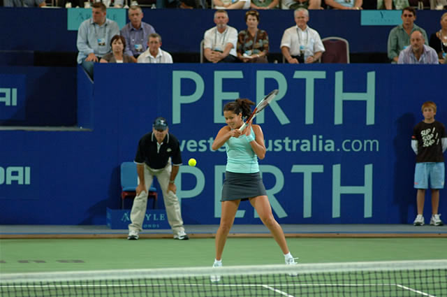 Ana Ivanovic of Serbia and Montenegro hits a forehand during her women's singles tennis match against Sofia Arvidsson of Sweden during the Hopman Cup in Perth, Australia January 2, 2006. Ivanovic won the match 6-3 6-1. ry 2, 2006. Ivanovic won the match 6-3 6-1