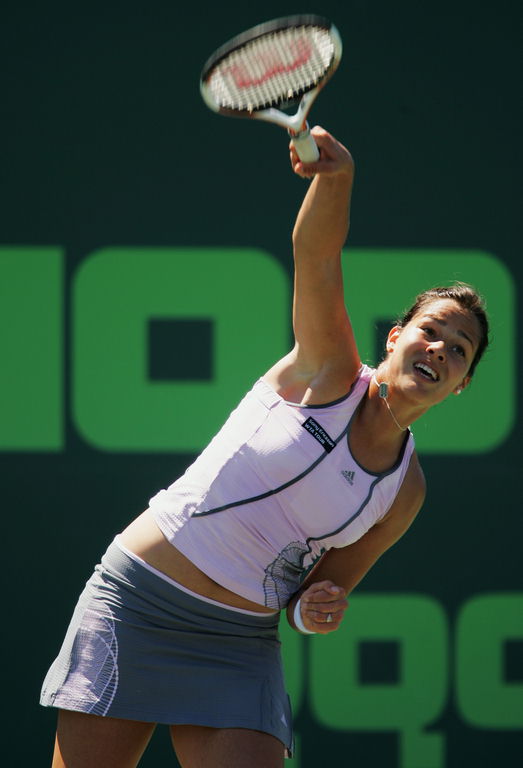 Ana Ivanovic service the ball to Alona Bondarenko, of the Ukraine, at the Nasdaq-100 Open tennis tournament Sunday, March 26, 2006 in Key Biscayne, Fla. Ivanovic won, 6-3, 5-7, 6-3