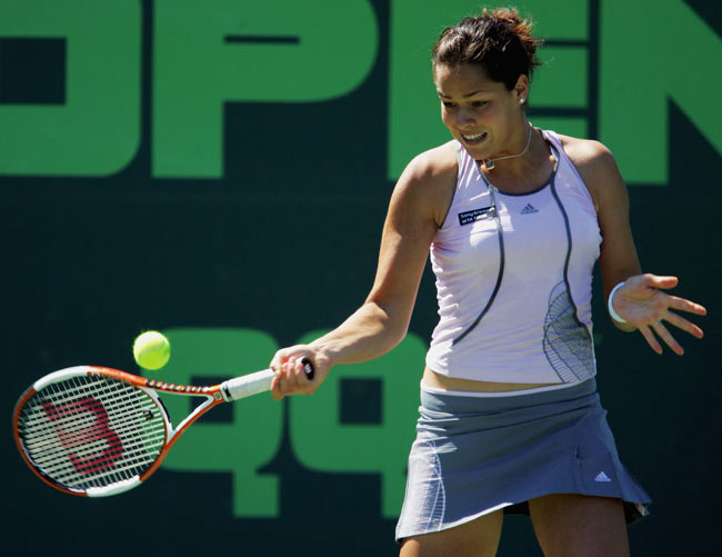 Ana Ivanovic returns to Alona Bondarenko, of the Ukraine, at the Nasdaq-100 Open tennis tournament Sunday, March 26, 2006 in Key Biscayne, Fla. Ivanovic won, 6-3, 5-7, 6-3