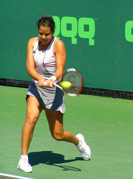 Ana Ivanovic returns to Alona Bondarenko, of the Ukraine, at the Nasdaq-100 Open tennis tournament Sunday, March 26, 2006 in Key Biscayne, Fla. Ivanovic won, 6-3, 5-7, 6-3