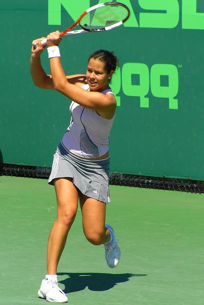 Ana Ivanovic returns to Alona Bondarenko, of the Ukraine, at the Nasdaq-100 Open tennis tournament Sunday, March 26, 2006 in Key Biscayne, Fla. Ivanovic won, 6-3, 5-7, 6-3