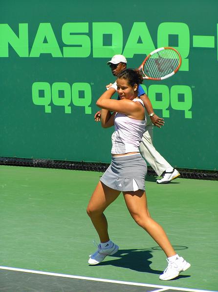 Ana Ivanovic returns to Alona Bondarenko, of the Ukraine, at the Nasdaq-100 Open tennis tournament Sunday, March 26, 2006 in Key Biscayne, Fla. Ivanovic won, 6-3, 5-7, 6-3