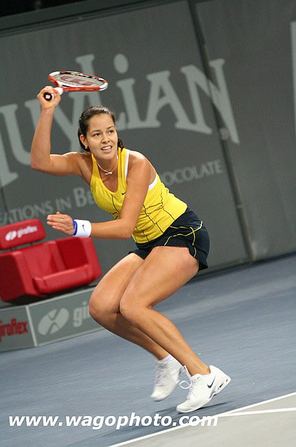 Ana Ivanovic  return the ball to Katarina Srebotnik from Slovenia at the Zurich Open WTA tennis tournament in the Hallenstadion Stadium in Zurich, Switzerland, Friday, Oct. 21, 2005. Ivanovic won the match in two sets 6-3, 6-1