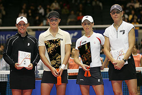 Lisa Raymond (USA, left) and Samantha Stosur (AUS), Cara Black (ZIM) and Rennae Stubbs (AUS) at the awarding ceremony of the Pan Pacific Open tennis tournament in Tokyo Sunday, Feb. 5, 2006