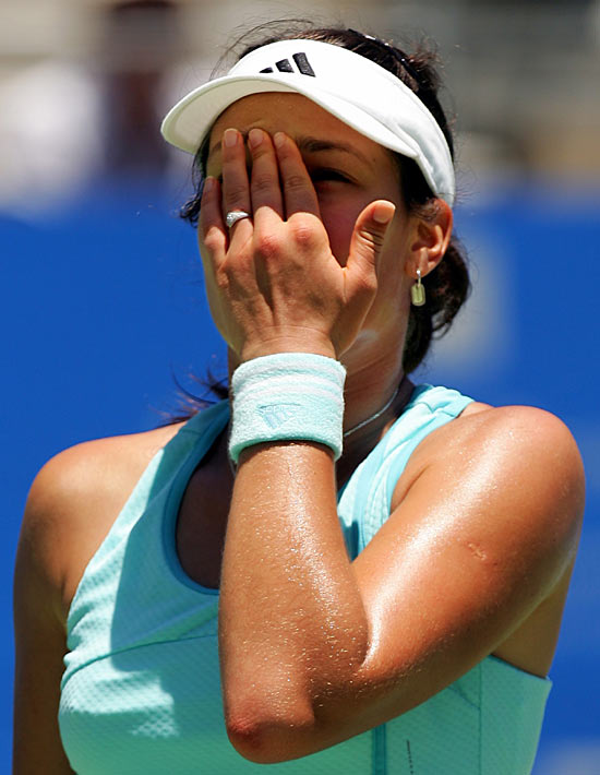 Ana Ivanovic reacts after losing a set point  to Svetlana Kuznetsova during their quarterfinal match at the Sydney International tennis tournament January 11, 2006. Kuznetsova defeated Ivanovic 7-6 6-3. 